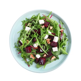 Fresh delicious beet salad isolated on white, top view