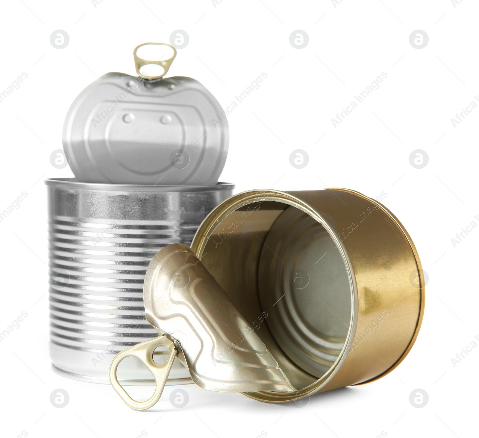 Photo of Open tin cans isolated on white, mockup for design