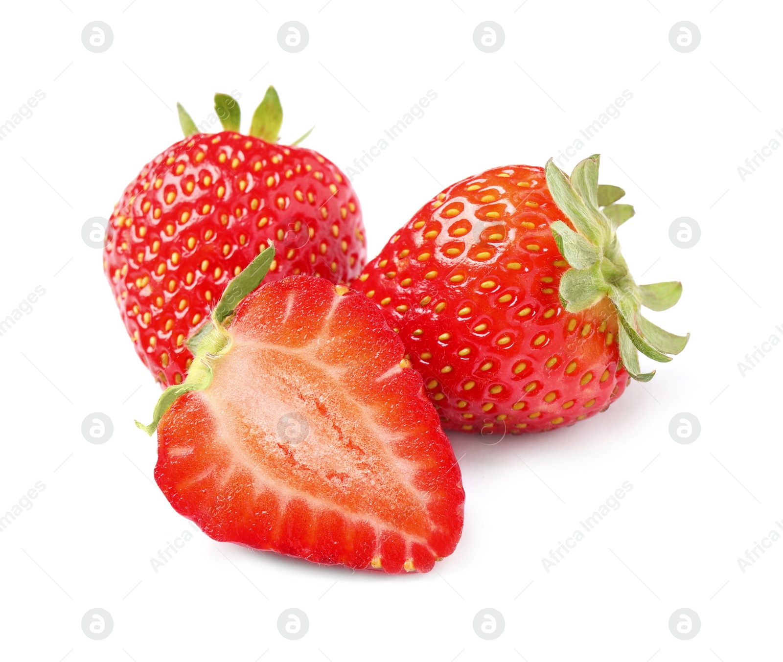 Photo of Delicious cut and whole strawberries on white background