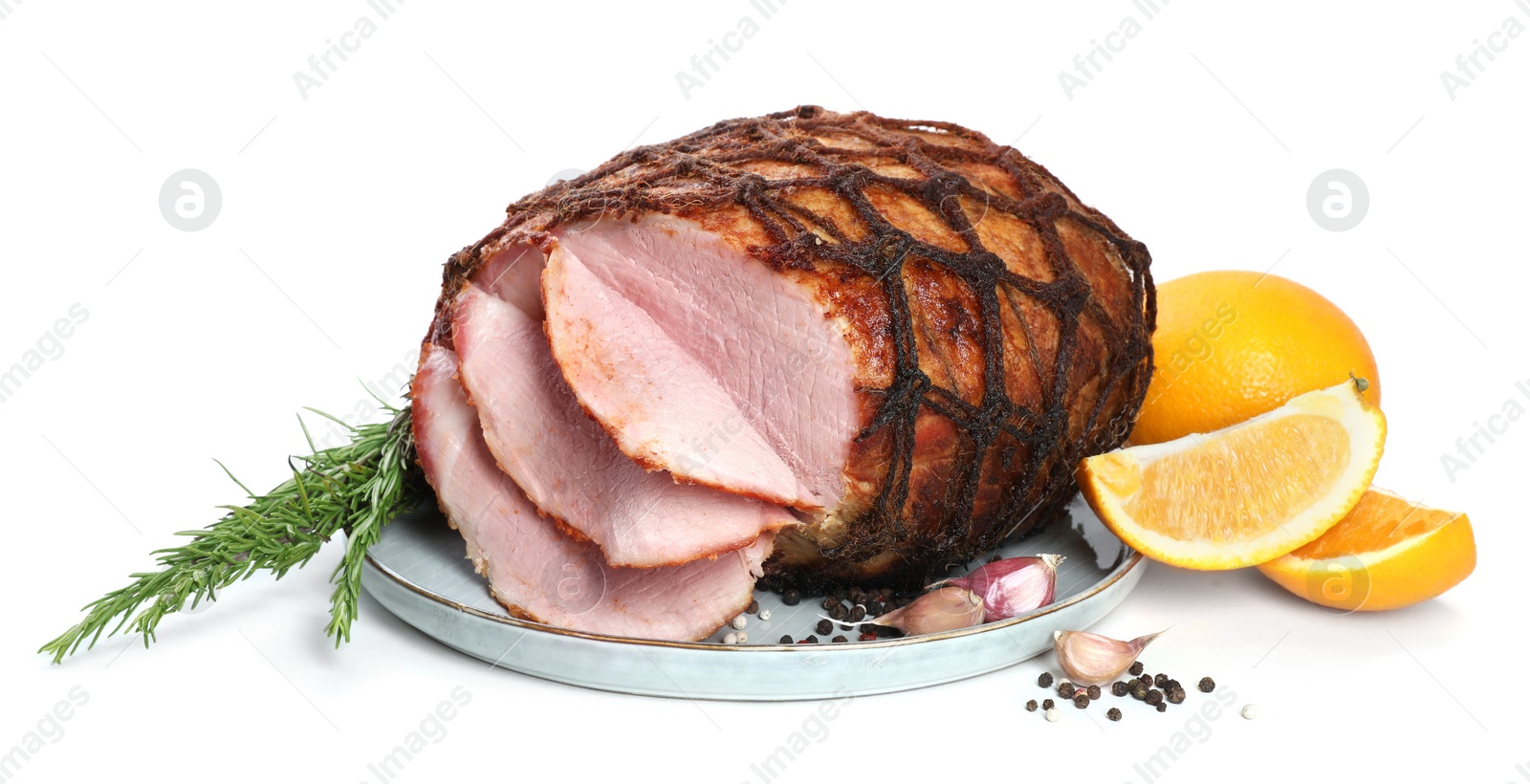 Photo of Delicious baked ham, orange, garlic and rosemary isolated on white