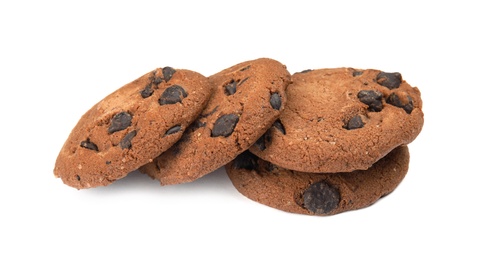 Delicious chocolate chip cookies on white background