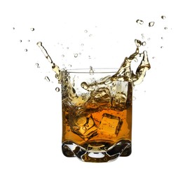 Photo of Whiskey splashing out of glass on white background