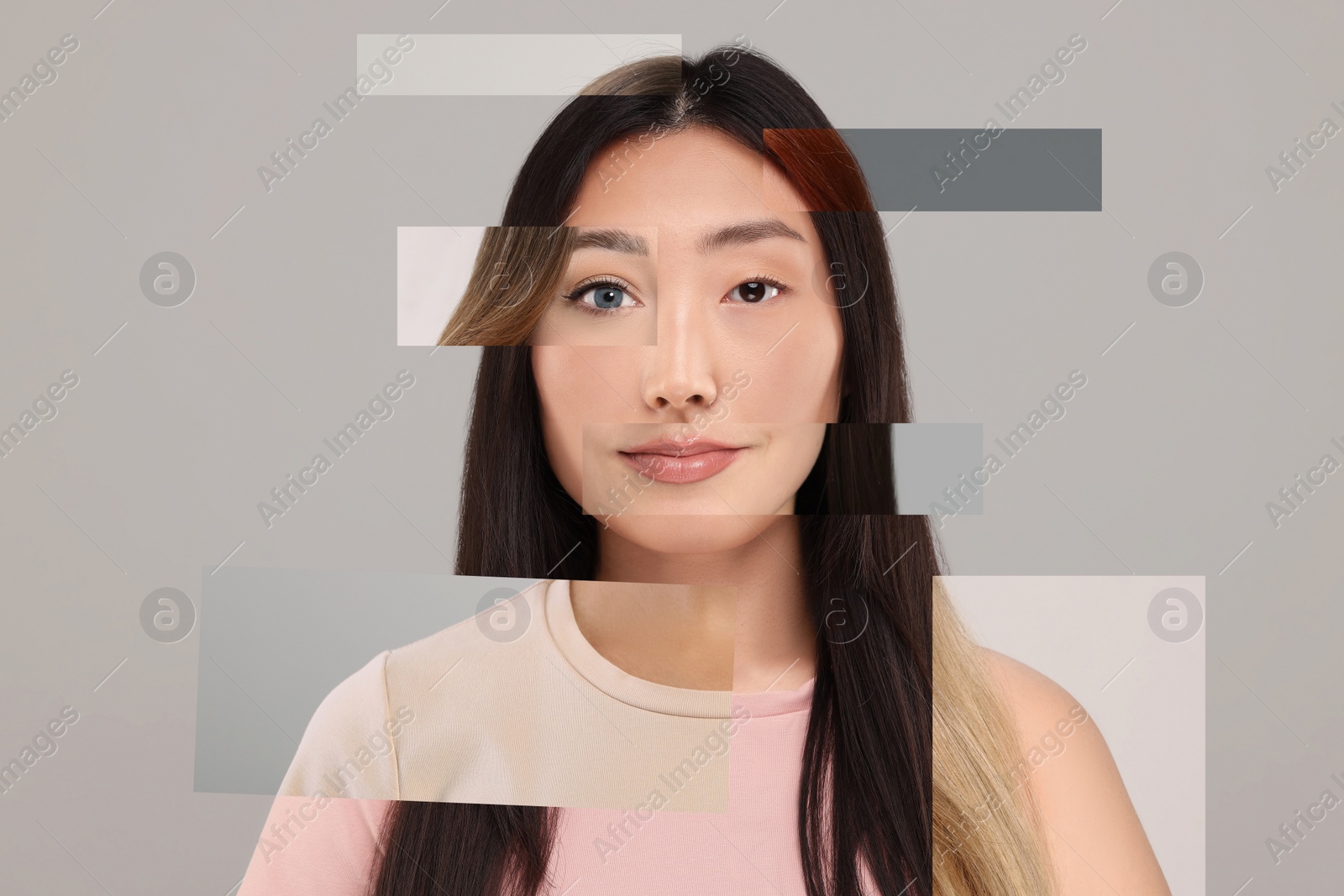 Image of Combined portrait of woman on grey background. Collage with parts of different people's photos