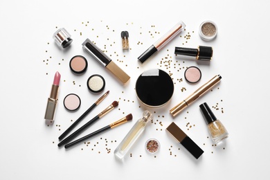 Photo of Set of luxury makeup products on white background, flat lay