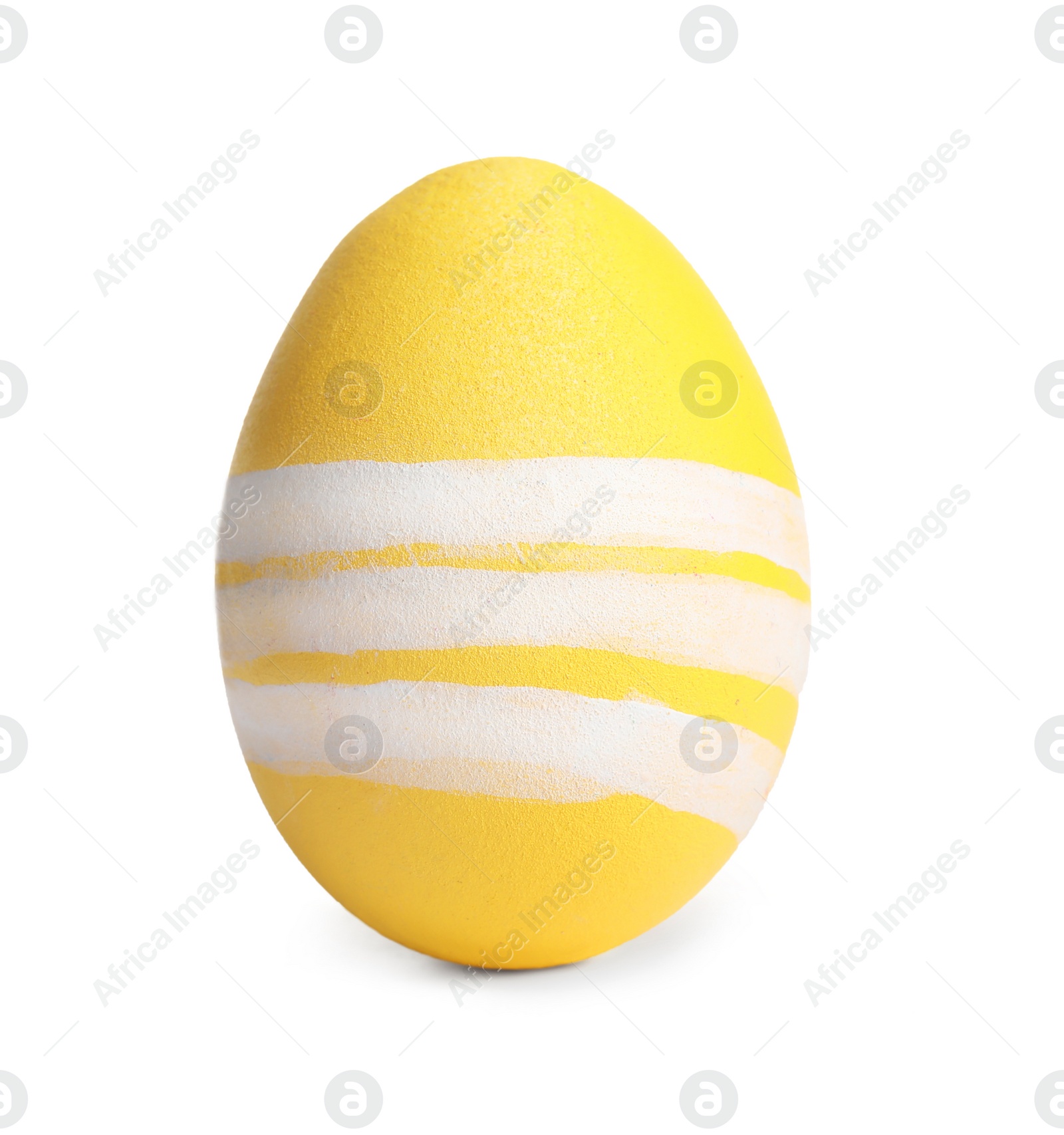 Photo of Yellow egg with stripes isolated on white. Easter symbol