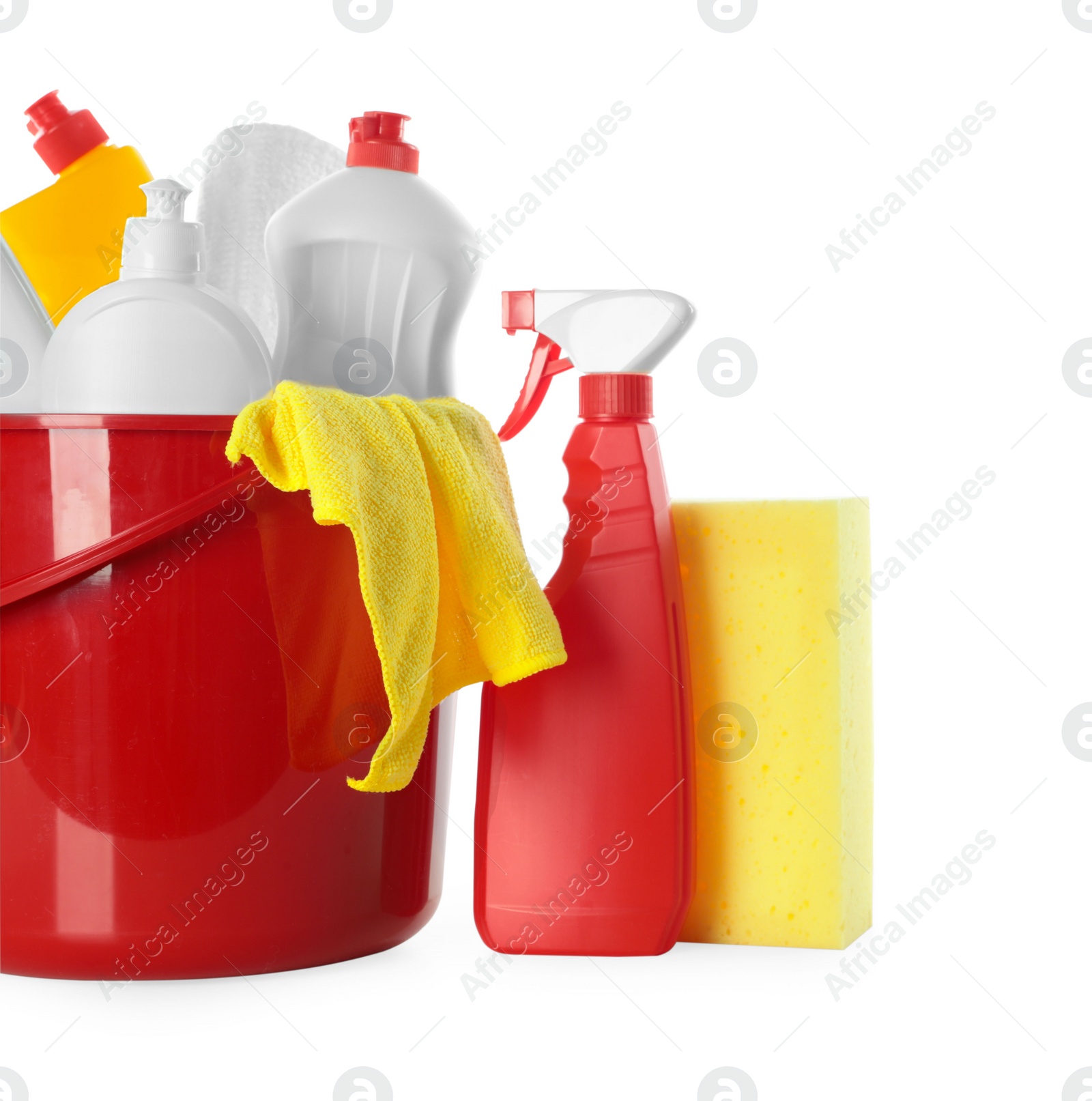 Photo of Plastic bucket with different cleaning supplies on white background