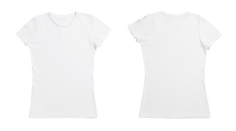 Image of T-shirt with space for design isolated on white. Back and front views