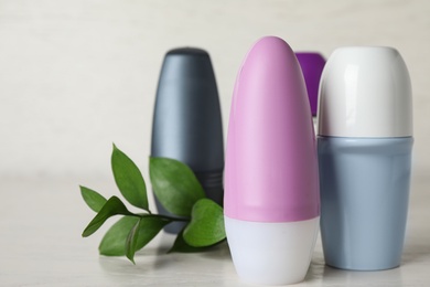 Photo of Natural roll-on deodorants and green plant on light grey table