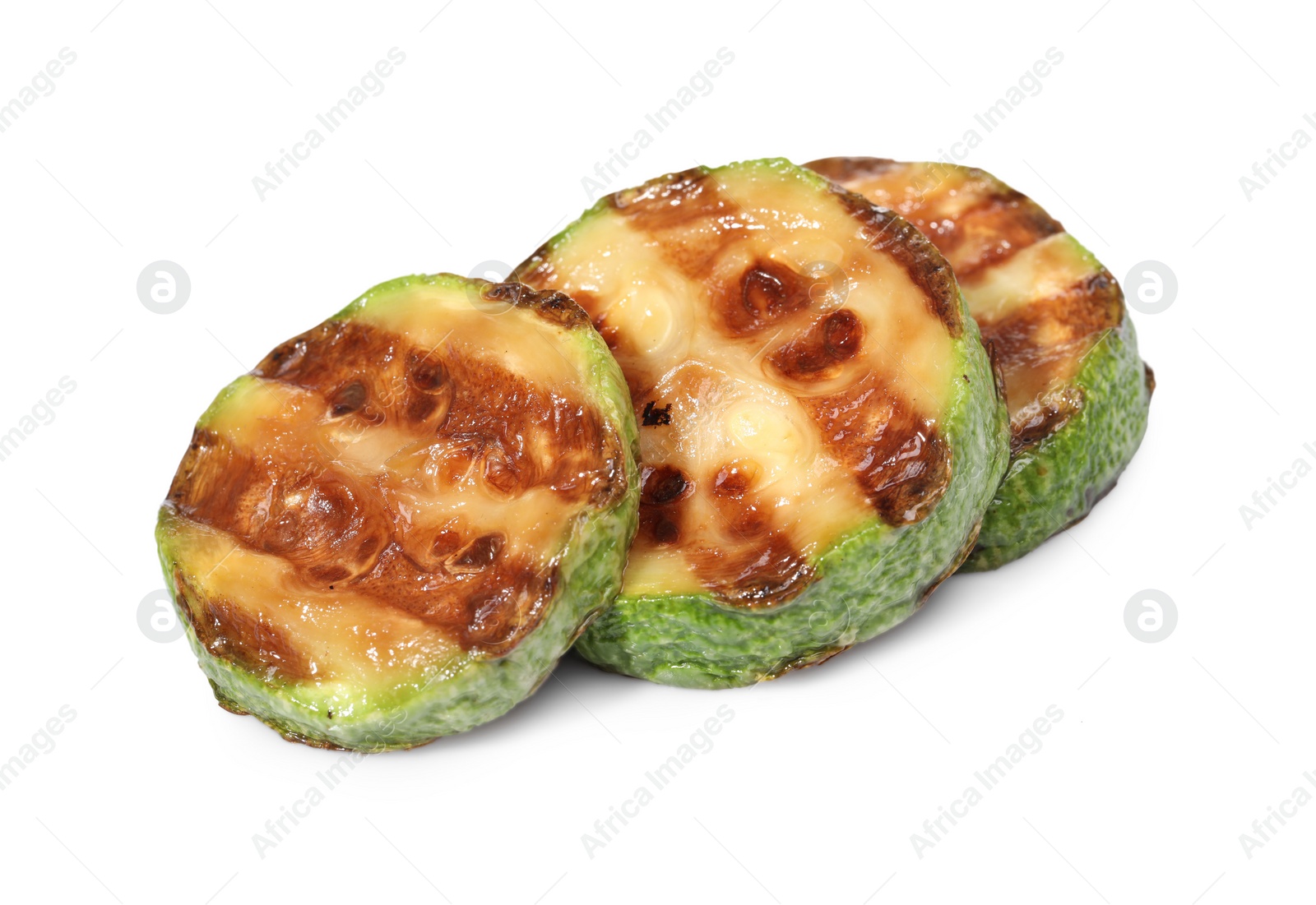 Photo of Slices of delicious grilled zucchini isolated on white