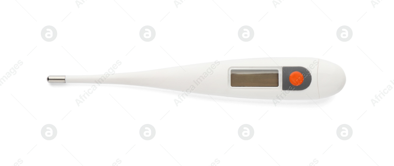 Photo of Modern digital thermometer isolated on white, top view. First aid item