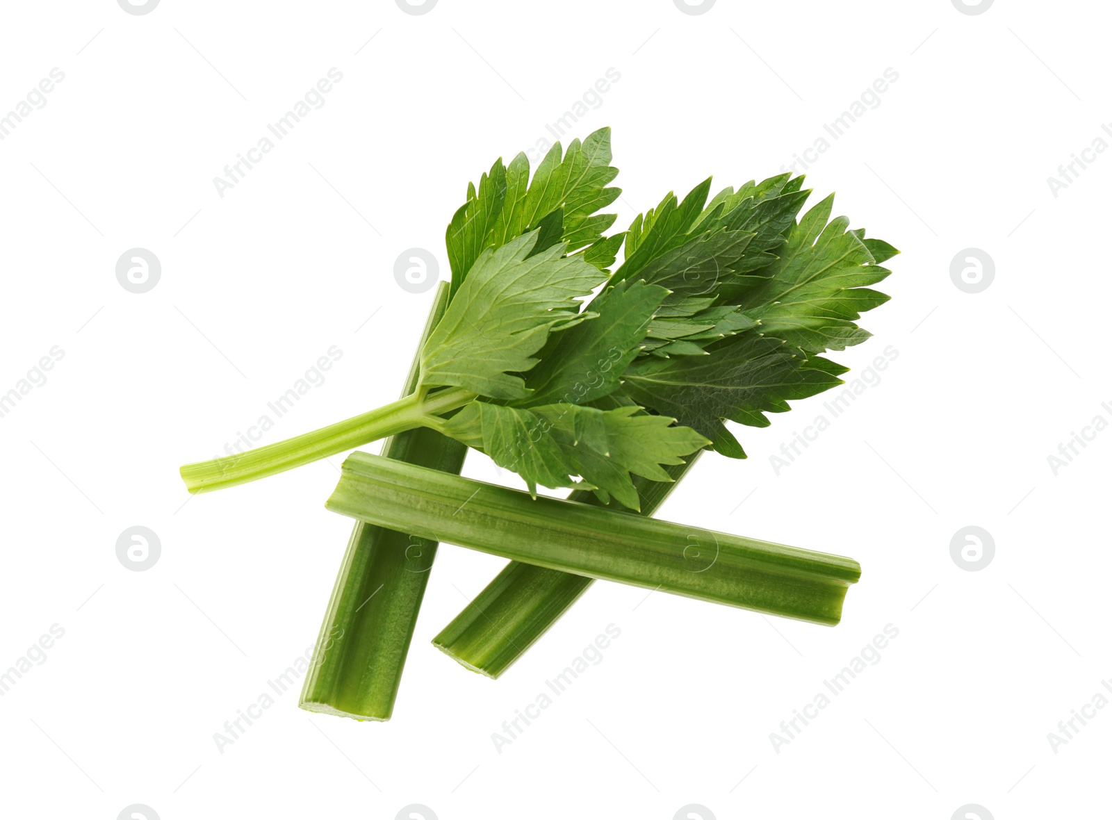 Photo of Fresh green celery sticks and leaves isolated on white, top view