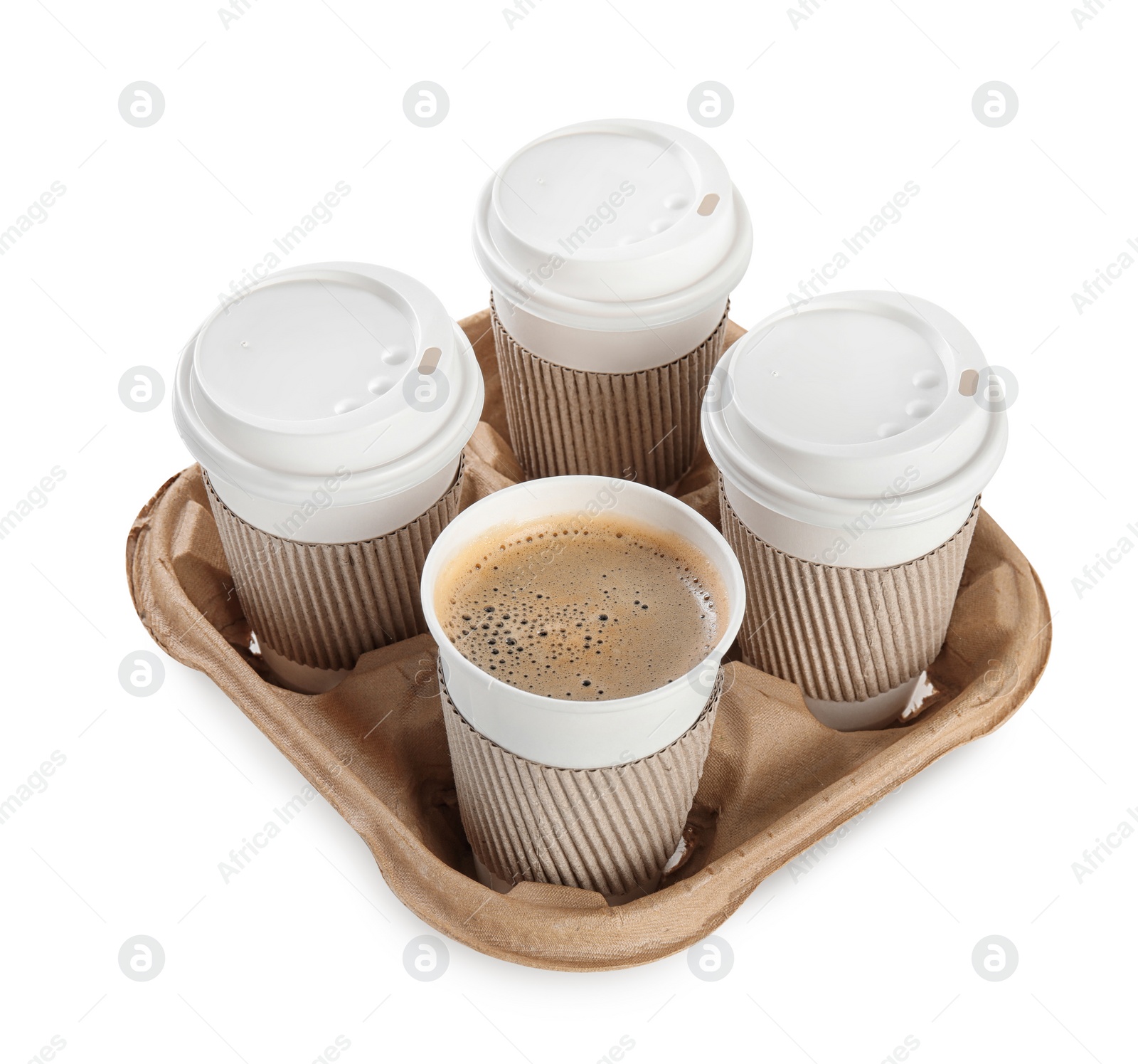 Photo of Takeaway paper coffee cups with sleeves in cardboard holder on white background