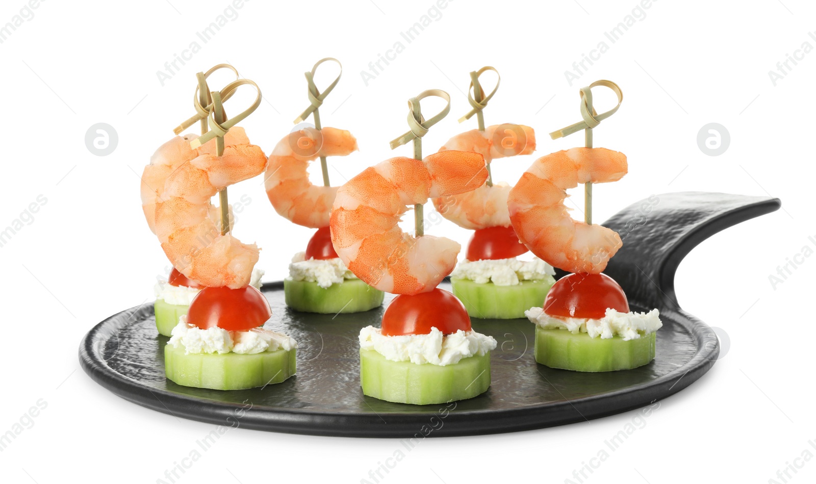 Photo of Tasty canapes with shrimps, vegetables and cream cheese isolated on white