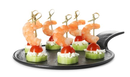 Tasty canapes with shrimps, vegetables and cream cheese isolated on white