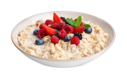 Photo of Bowl of oatmeal porridge with berries isolated on white