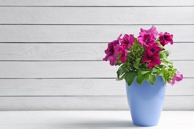 Beautiful pink petunia flowers in plant pot on white wooden table. Space for text