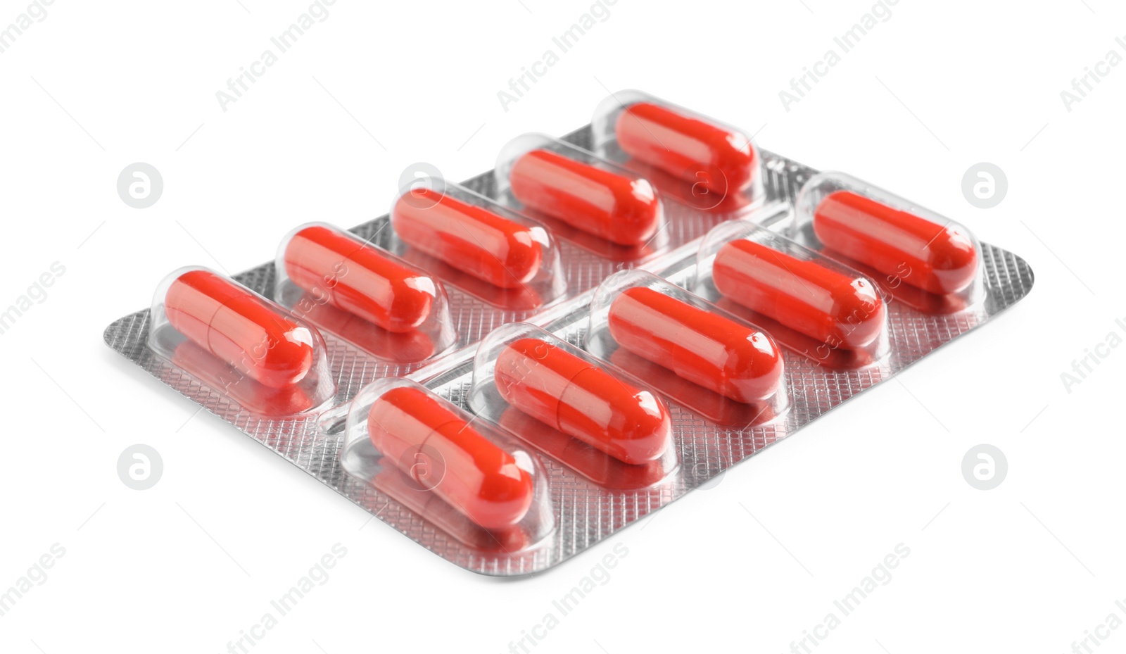 Photo of Blister with bright pills isolated on white