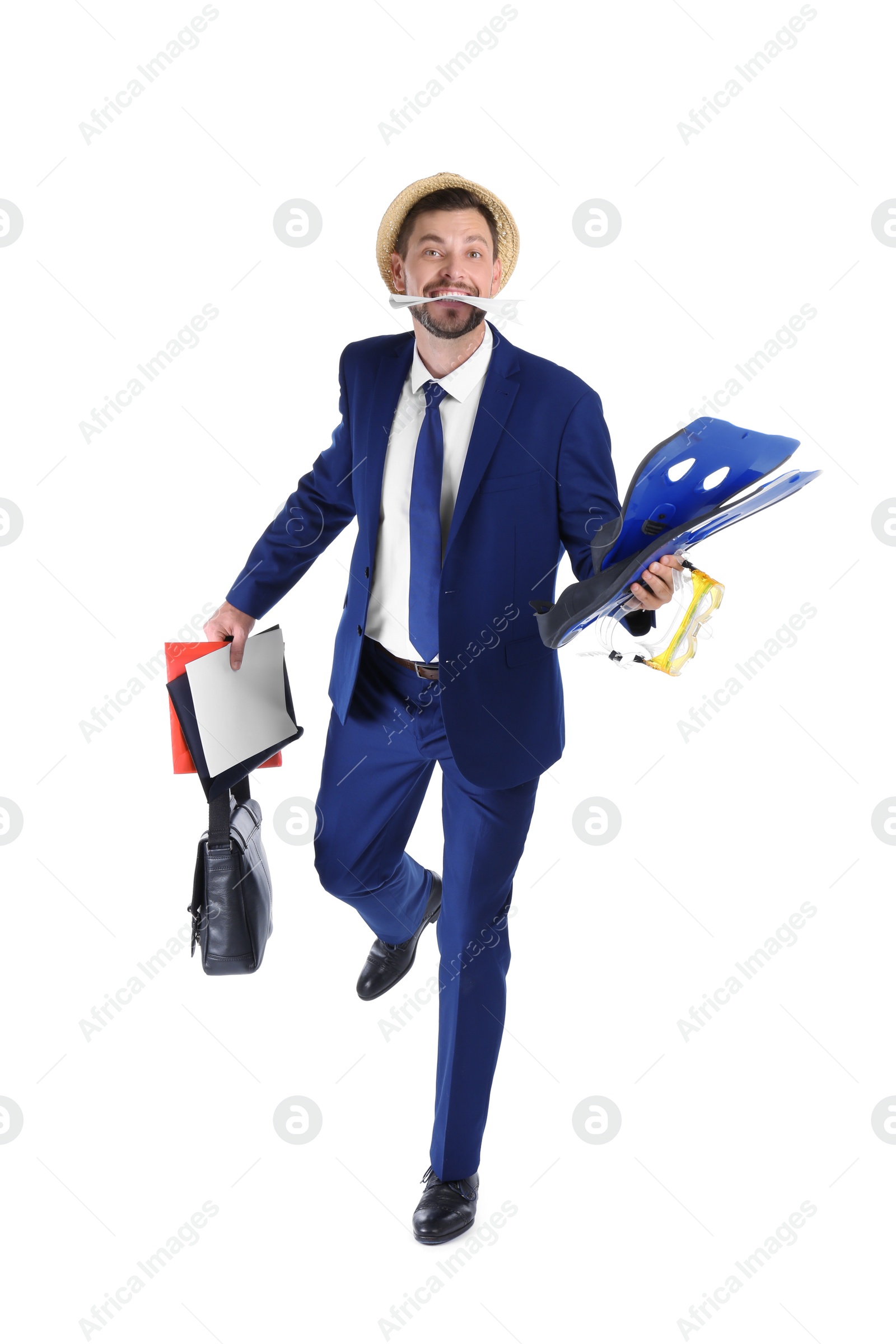 Photo of Businessman with lots of things running on white background. Combining life and work