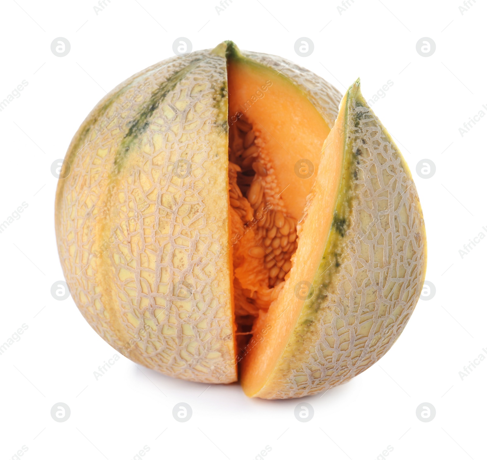 Photo of Sliced tasty ripe melon on white background