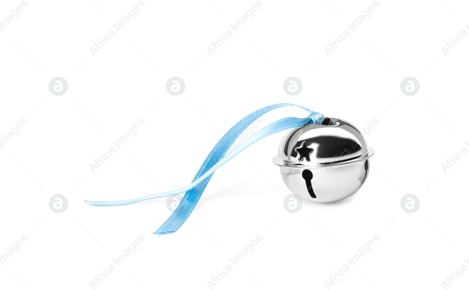 Photo of Shiny silver sleigh bell with ribbon isolated on white