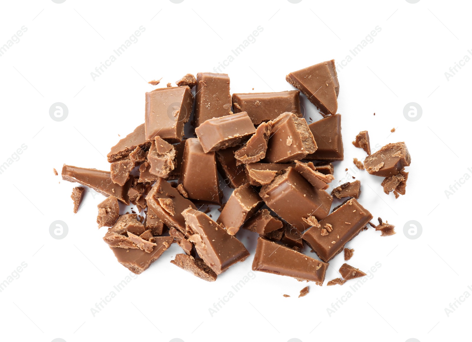 Photo of Delicious milk chocolate pieces on white background