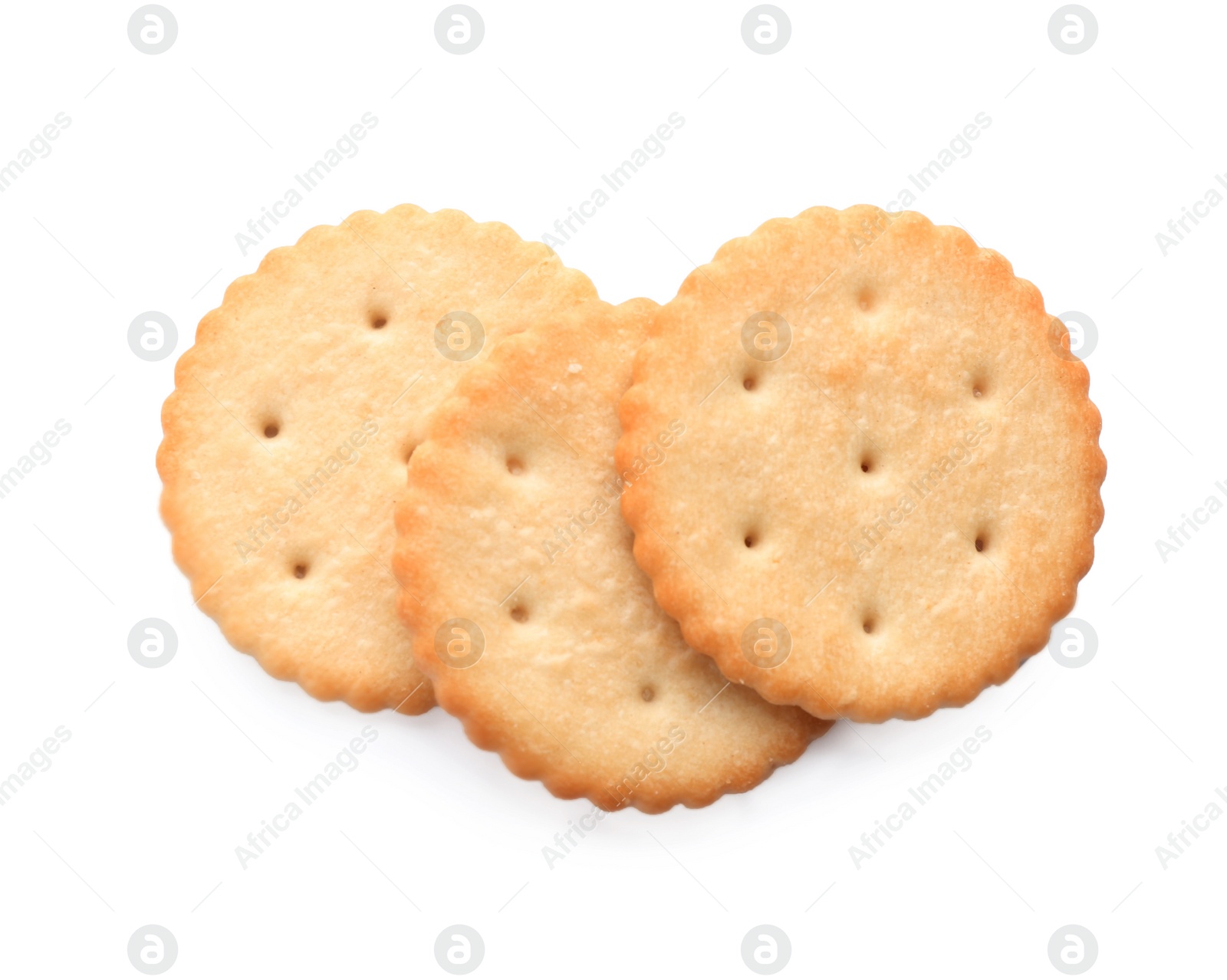 Photo of Delicious crispy crackers isolated on white, top view