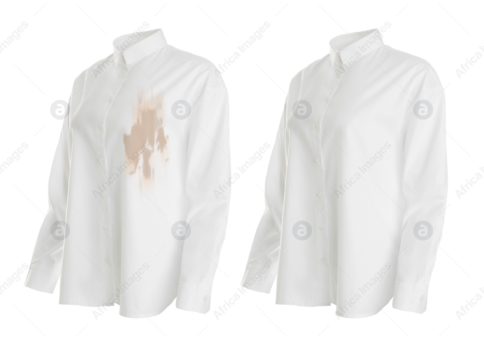 Image of Stylish shirt before and after dry-cleaning on white background