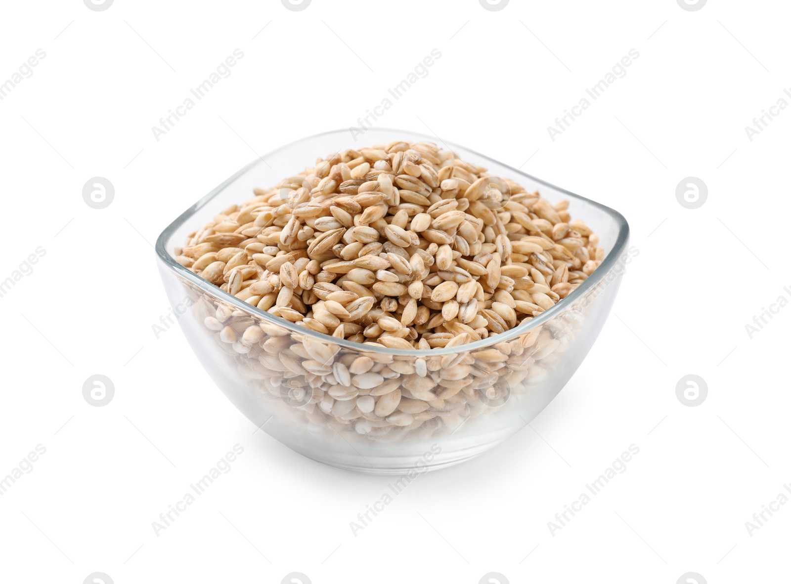 Photo of Dry pearl barley in bowl isolated on white