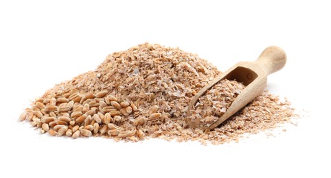 Photo of Pile of wheat bran and scoop on white background