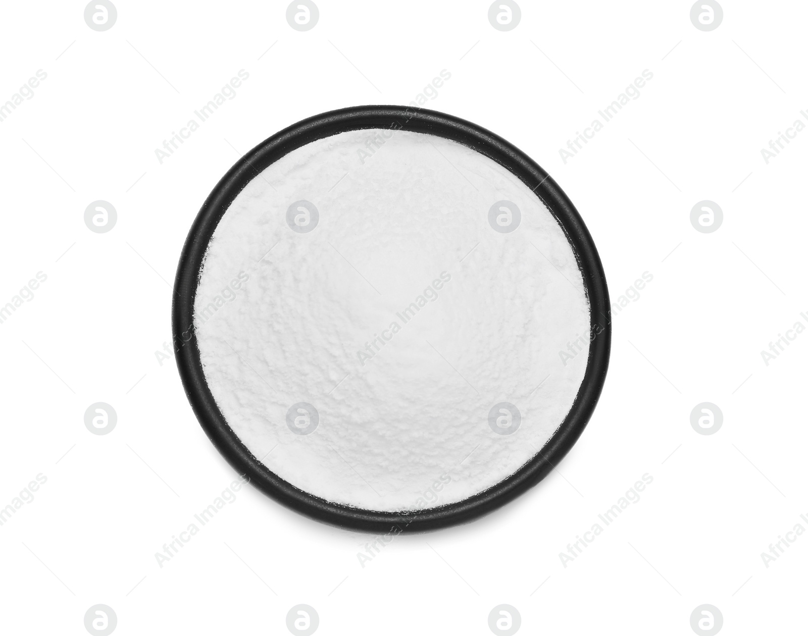 Photo of Bowl of natural starch isolated on white, top view