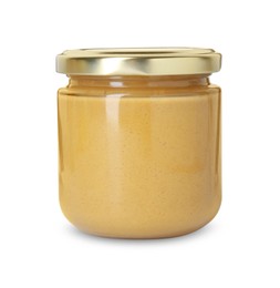 Photo of Fresh tasty mustard sauce in glass jar isolated on white