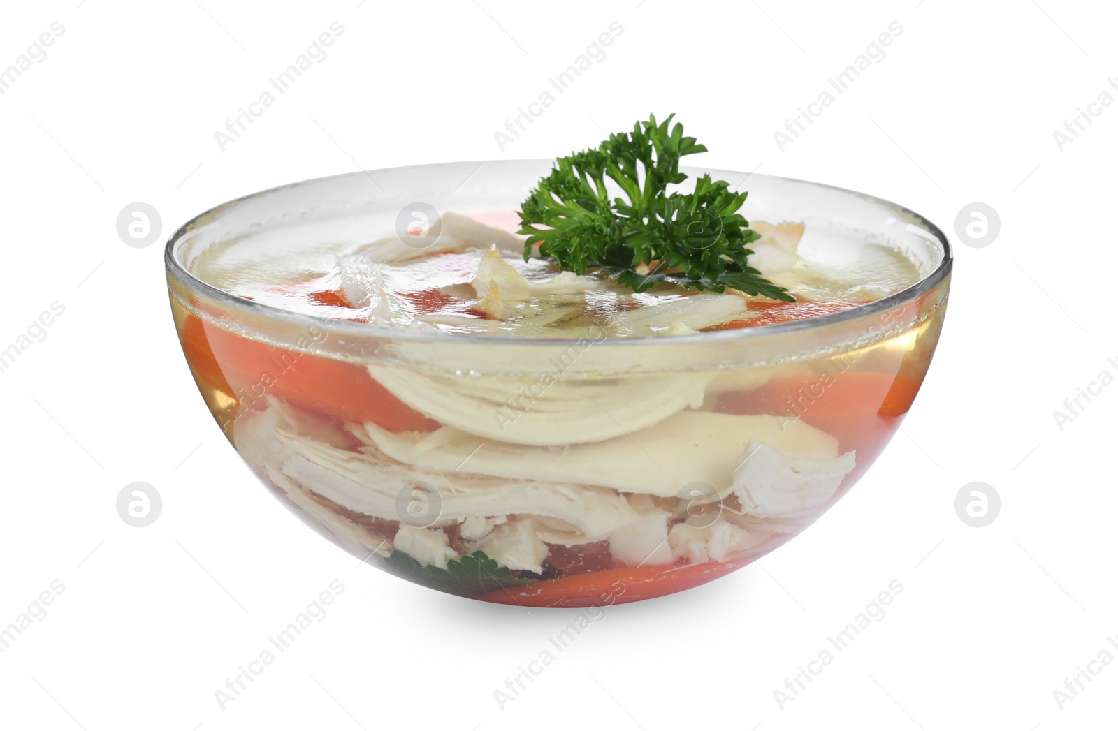 Photo of Delicious chicken aspic in glass bowl isolated on white