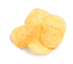 Tasty crispy potato chips on white background