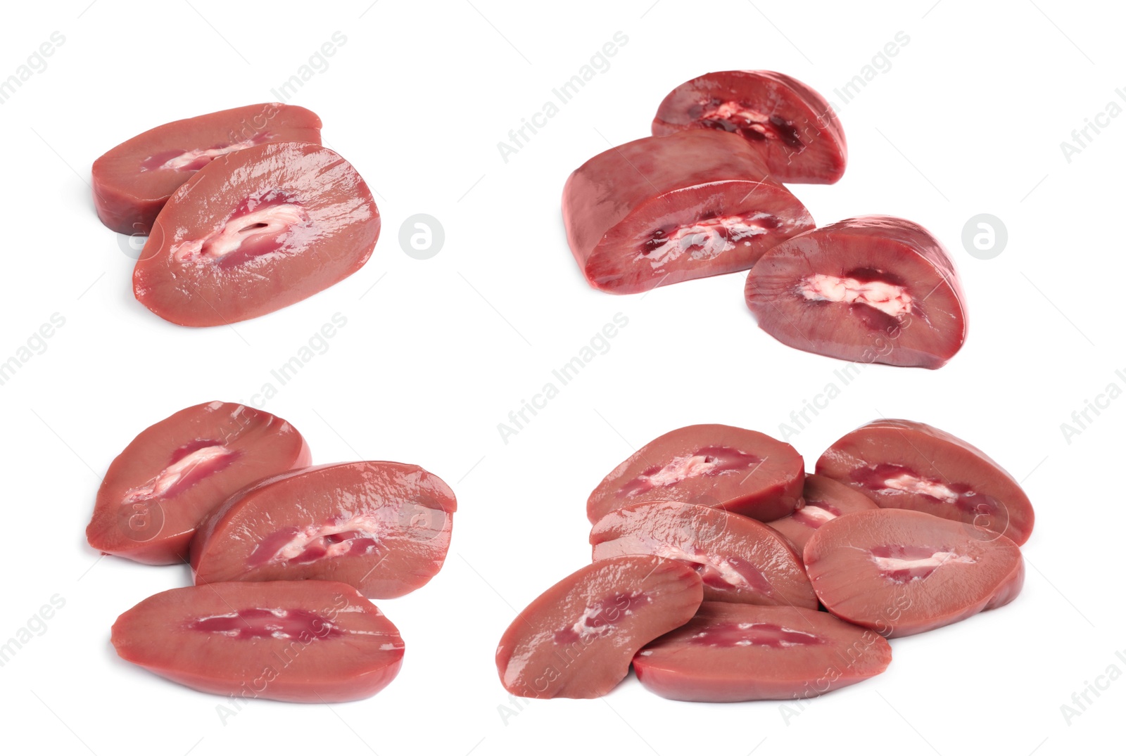 Image of Set with fresh raw kidneys on white background