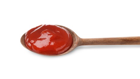 Photo of Tasty ketchup with wooden spoon isolated on white, top view. Tomato sauce