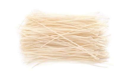 Raw rice noodles on white background, top view