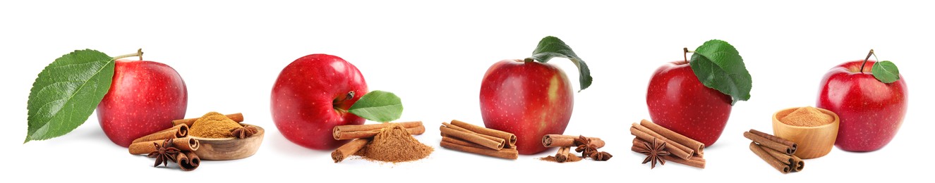 Aromatic cinnamon sticks, powder and red apples isolated on white, set