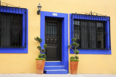 Photo of Entrance of residential house with door, potted plants and windows