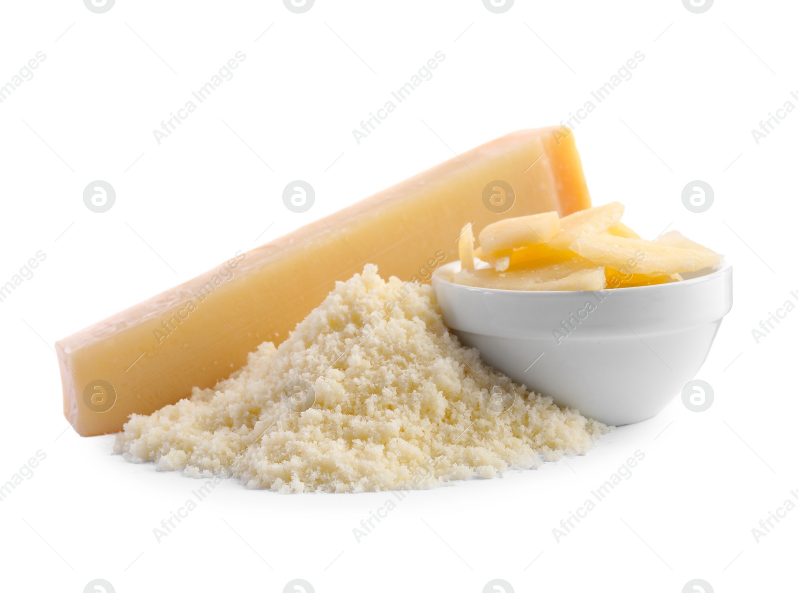 Photo of Whole and grated parmesan cheese on white background