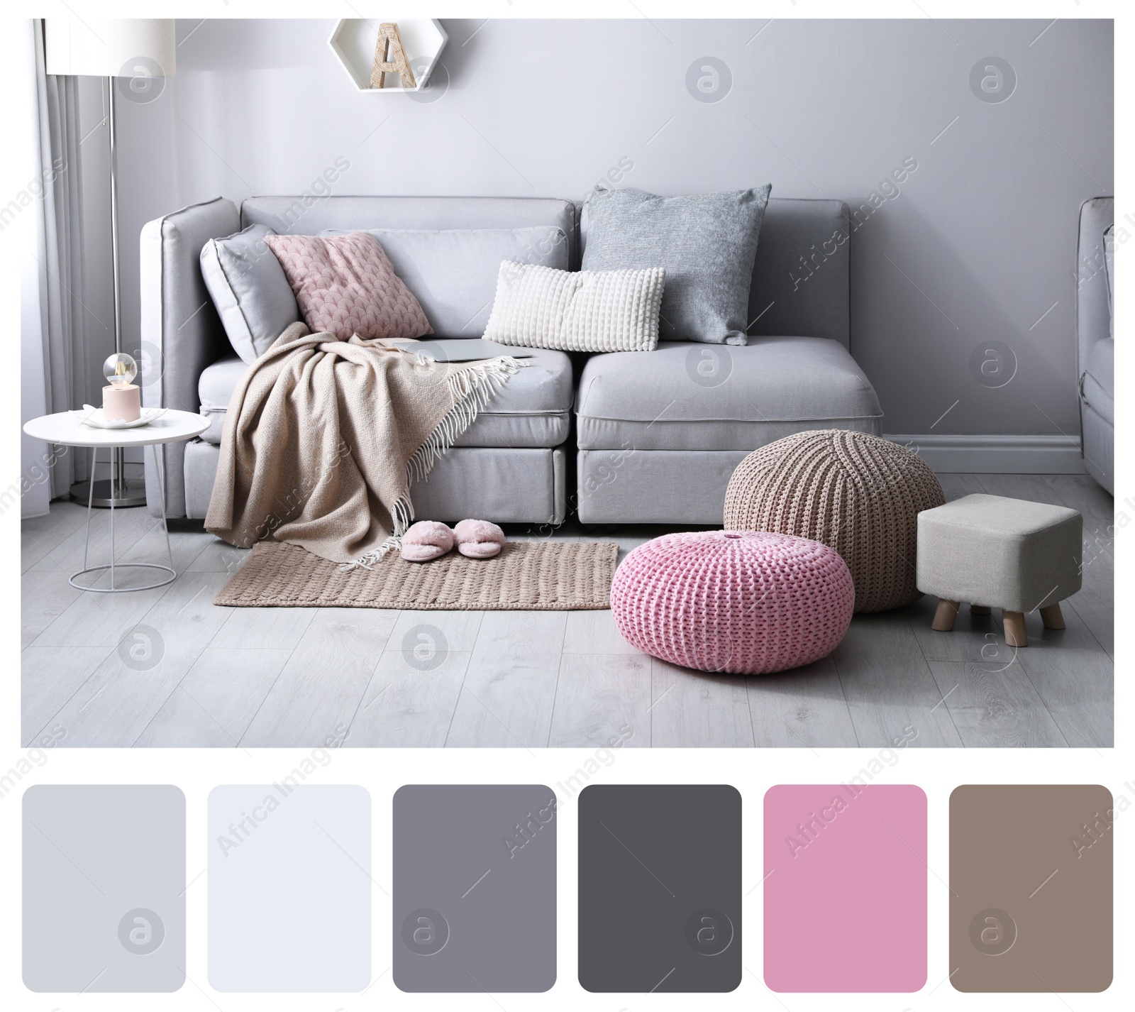 Image of Color palette and photo of stylish living room interior. Collage