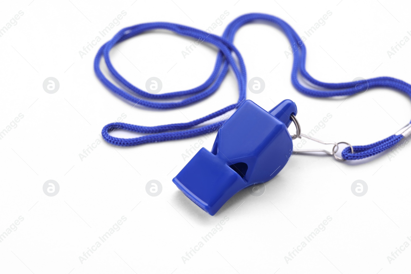 Photo of One blue whistle with cord on white background