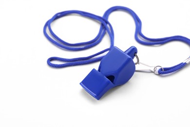 One blue whistle with cord on white background