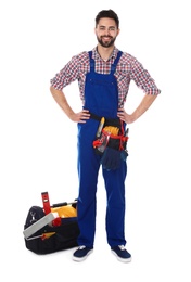 Photo of Full length portrait of construction worker with tools on white background