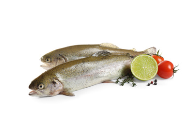 Photo of Raw cutthroat trout fish with cherry tomatoes, lime and spices isolated on white