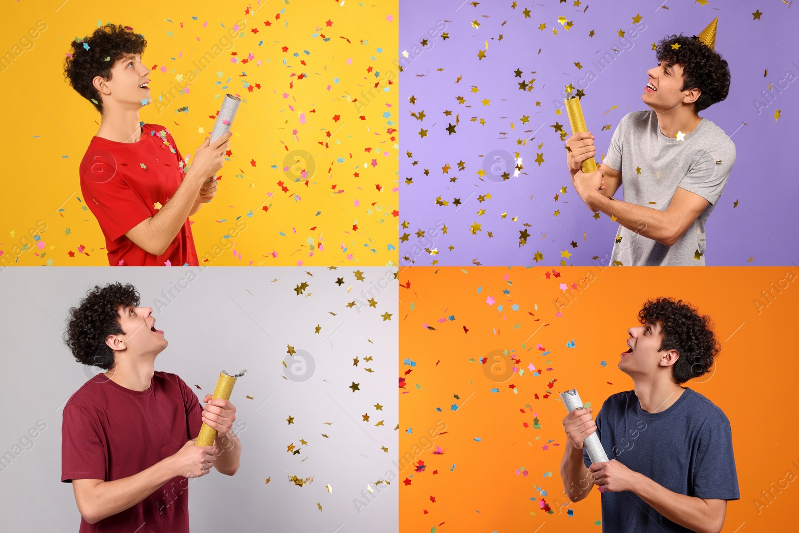 Image of Collage with photos of young men blowing up party poppers on different color backgrounds