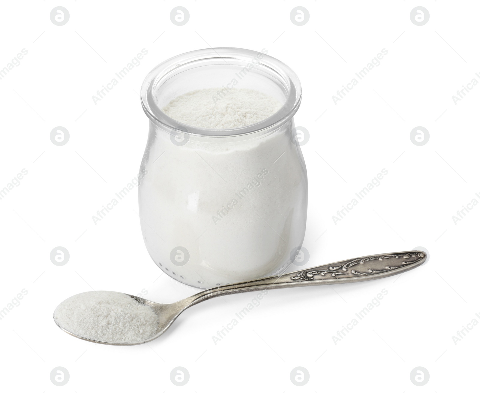 Photo of Baking powder in glass jar and spoon isolated on white