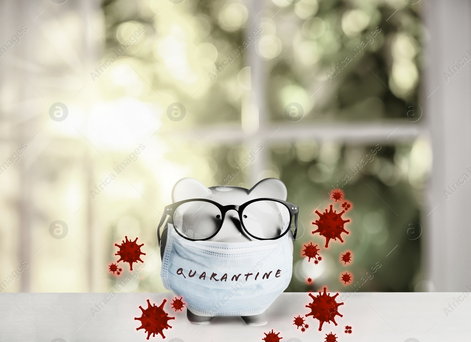 Image of Piggy bank with medical mask. Money saving during coronavirus outbreak