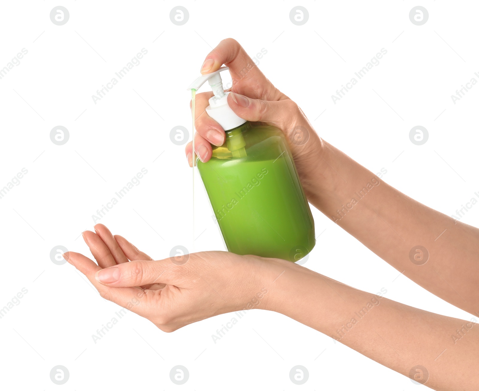 Photo of Woman holding soap dispenser on white background, closeup