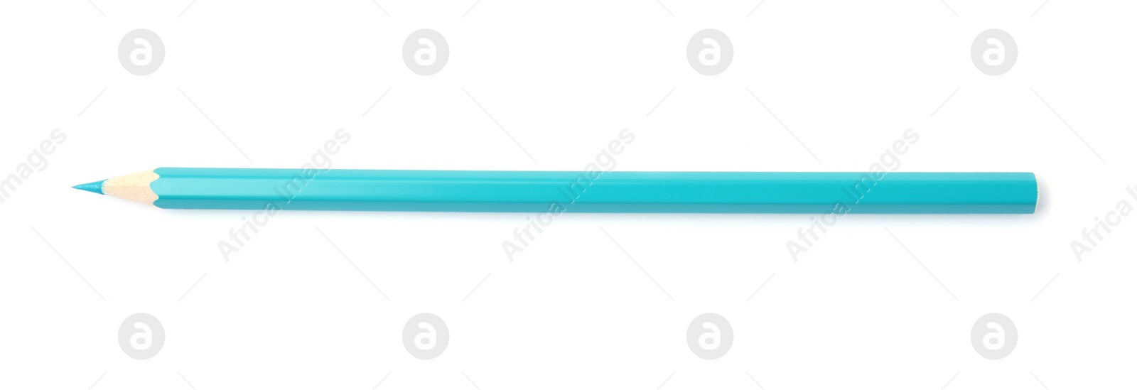 Photo of New light blue wooden pencil isolated on white