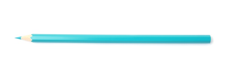 Photo of New light blue wooden pencil isolated on white